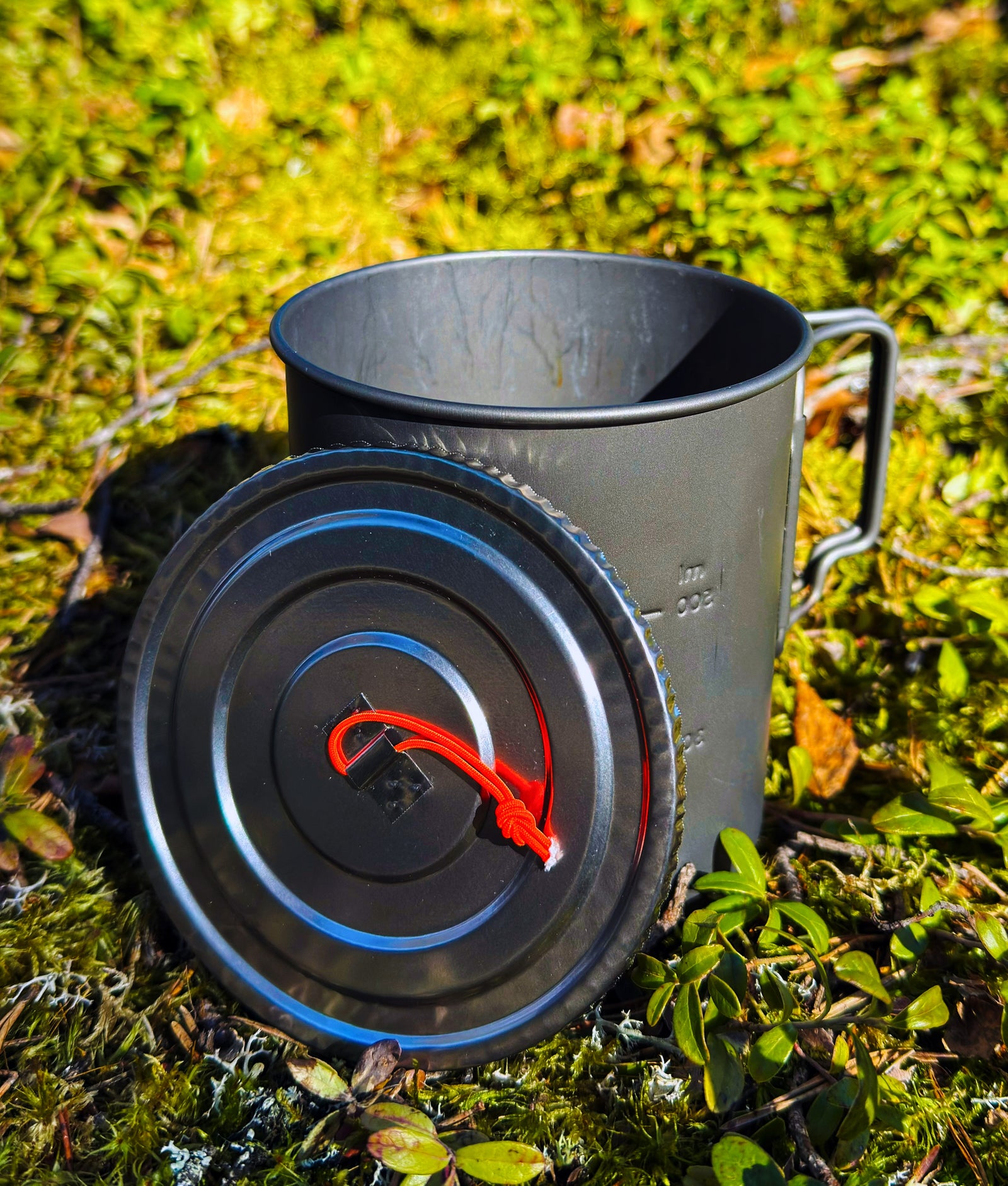 FeatherLid fitted to a 95 mm backpacking pot outdoors