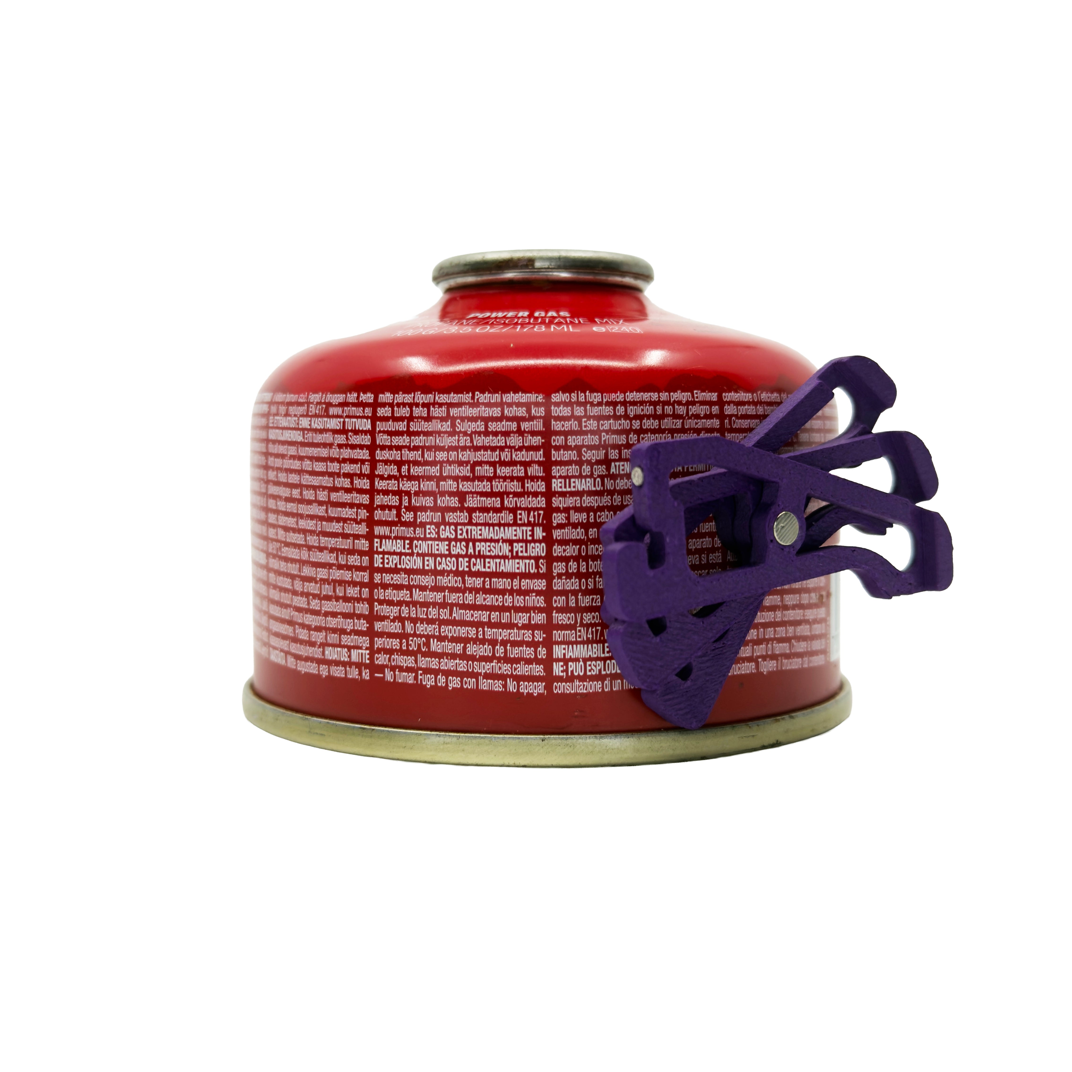 Purple MagFeets Large attached to a large backpacking gas canister
