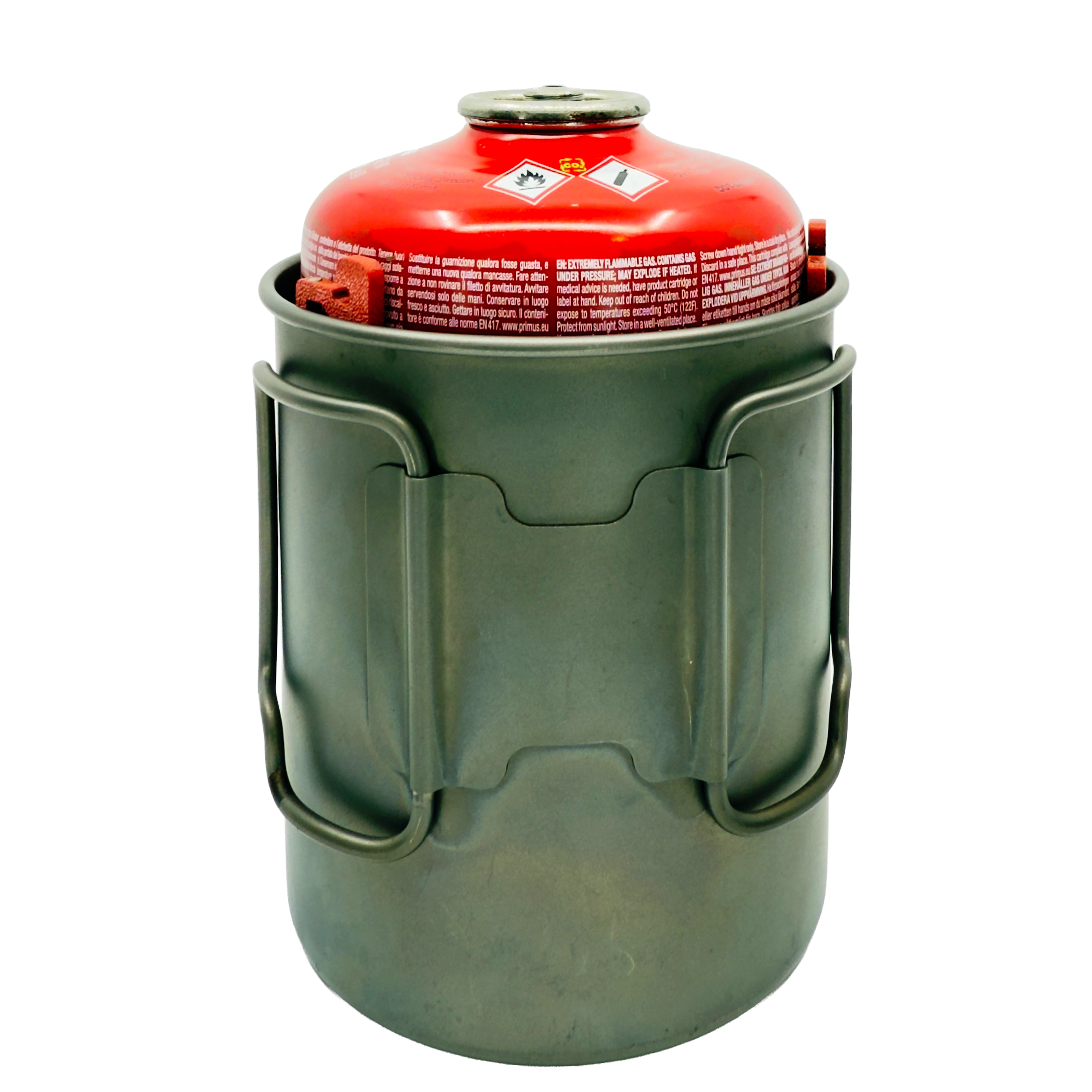 Gas canister with MagFeets nested inside a backpacking pot