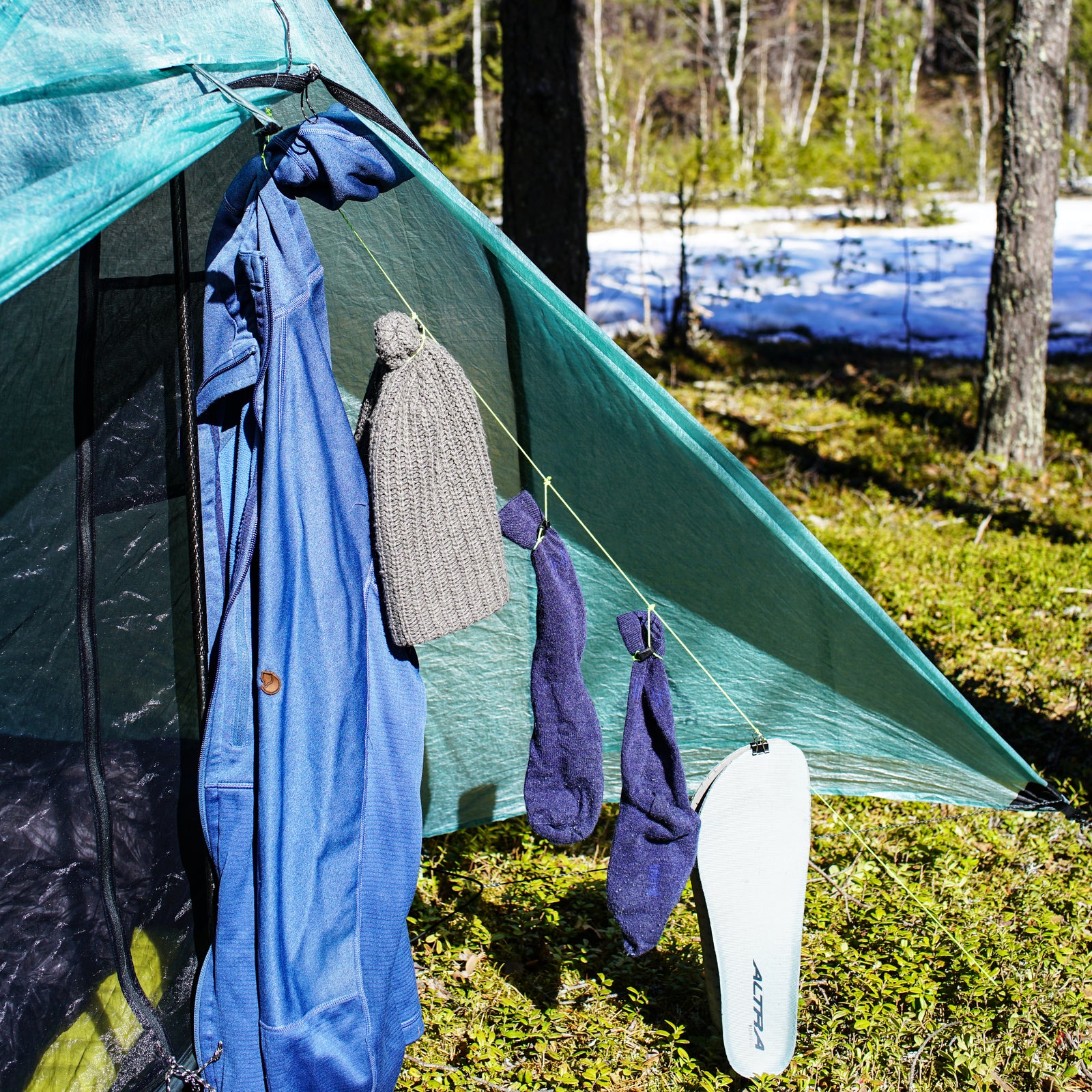 AeroDry vertical drying line beside a trekking pole