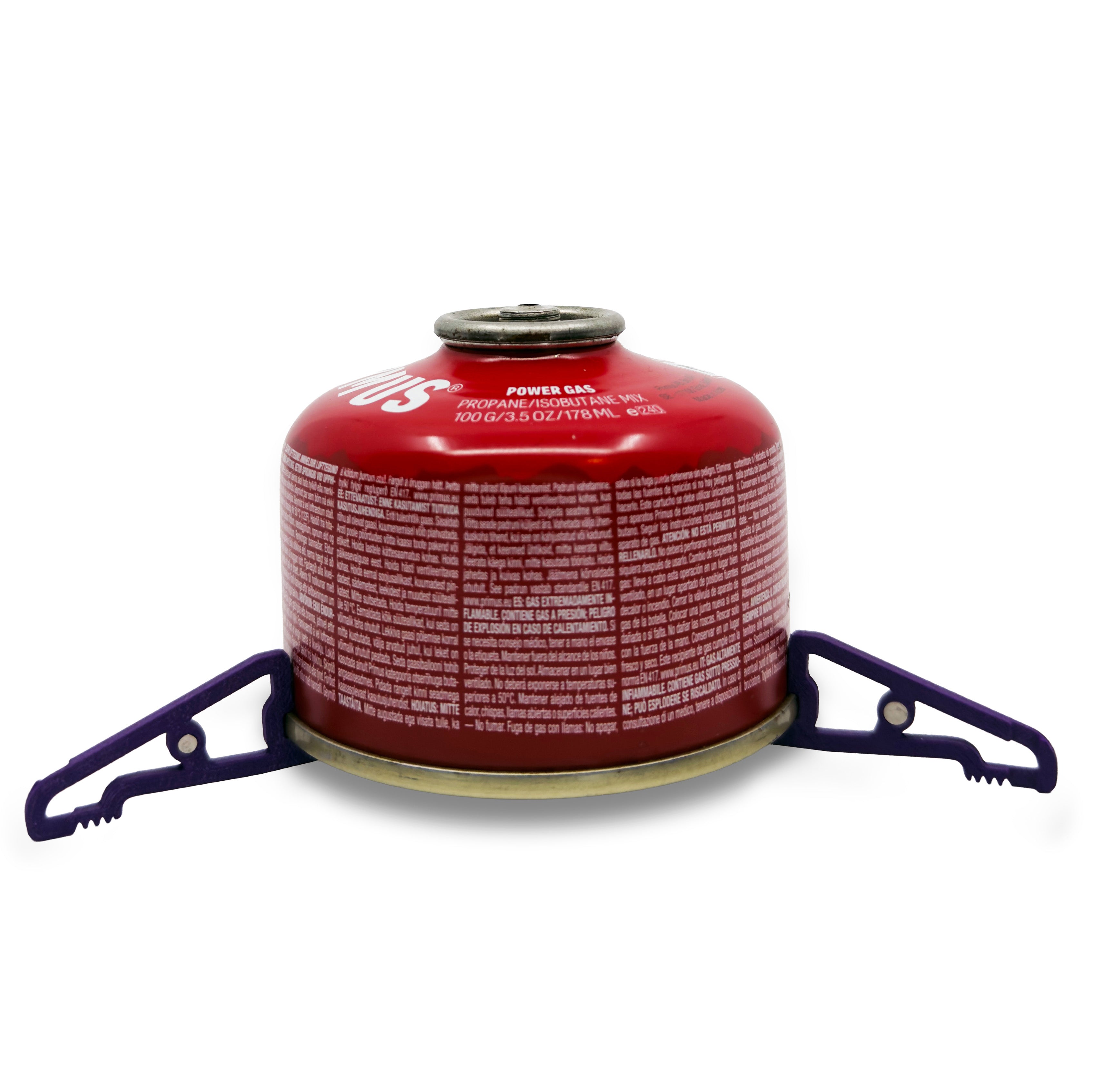 Purple MagFeets attached to a small backpacking gas canister