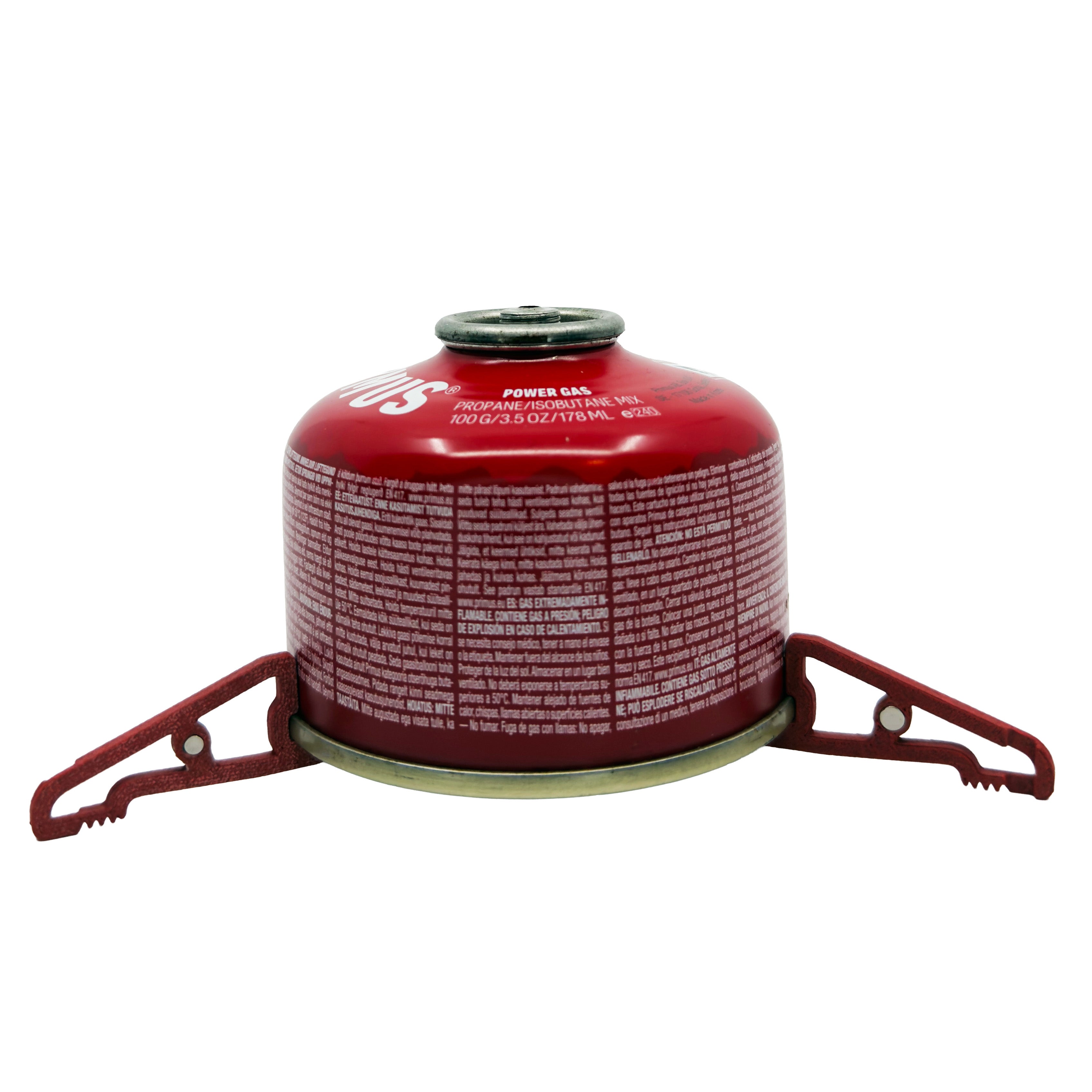 Red MagFeets attached to a small backpacking gas canister