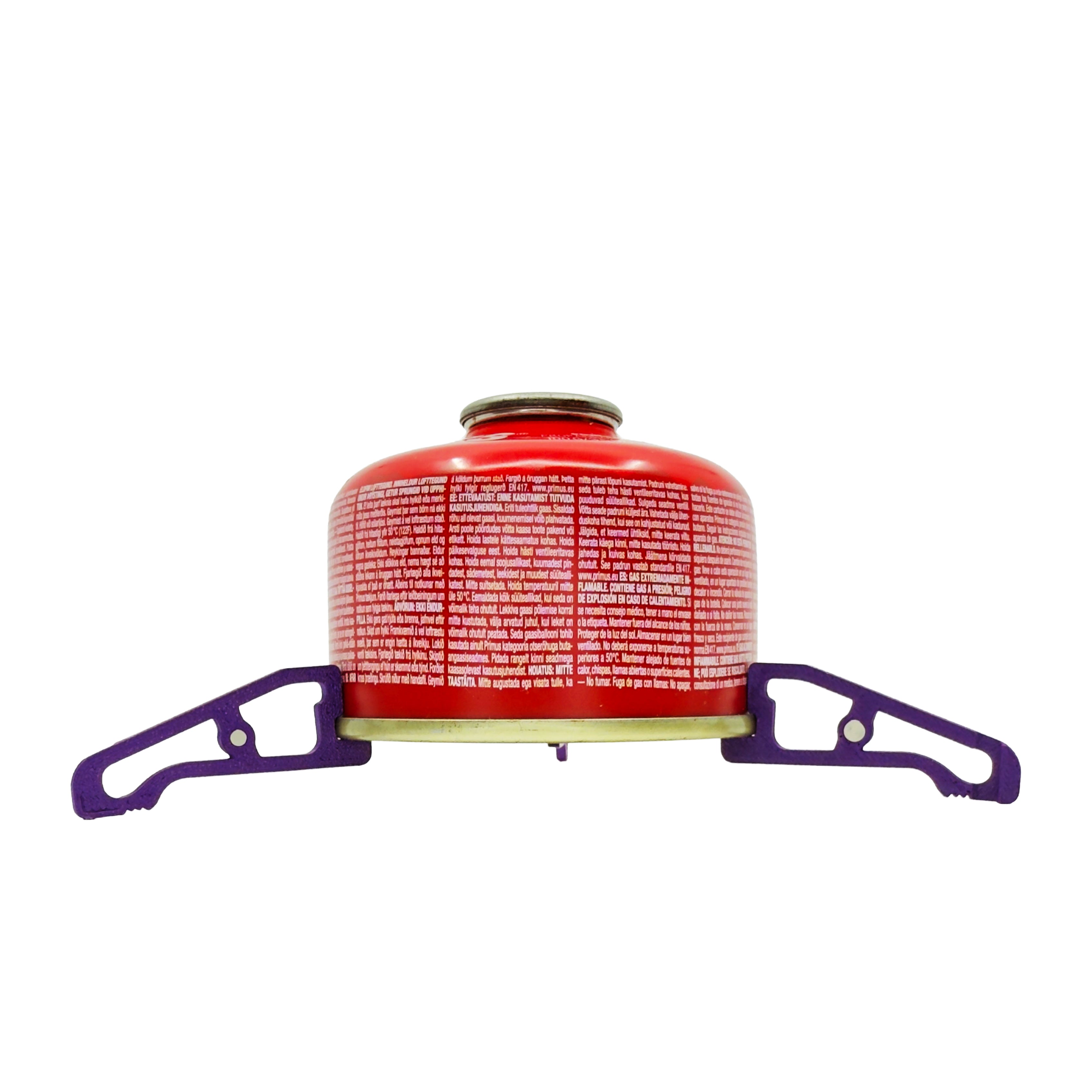 Red MagFeets Large attached to a large backpacking gas canister