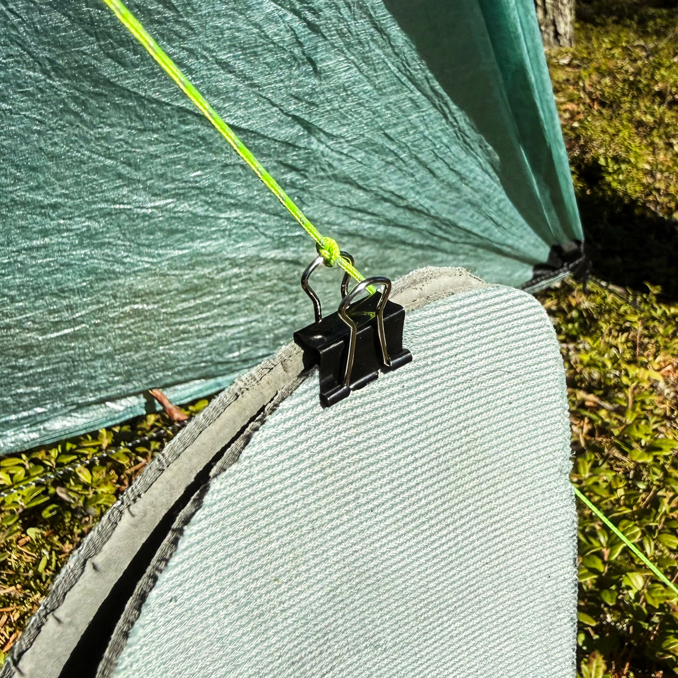 AeroDry line attachment connected to a trekking-pole tent