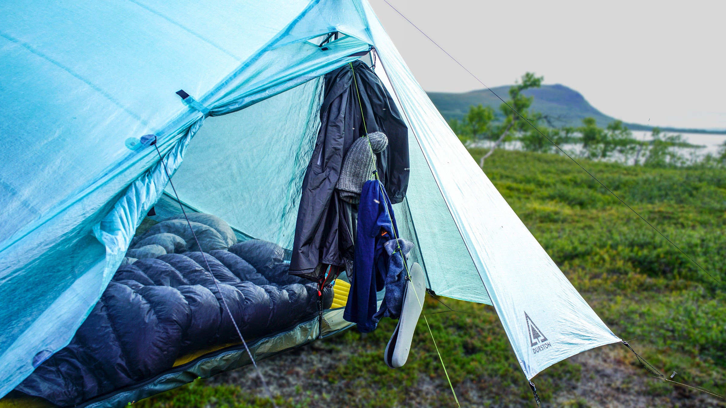 AeroDry ultralight drying system installed inside a trekking-pole tent