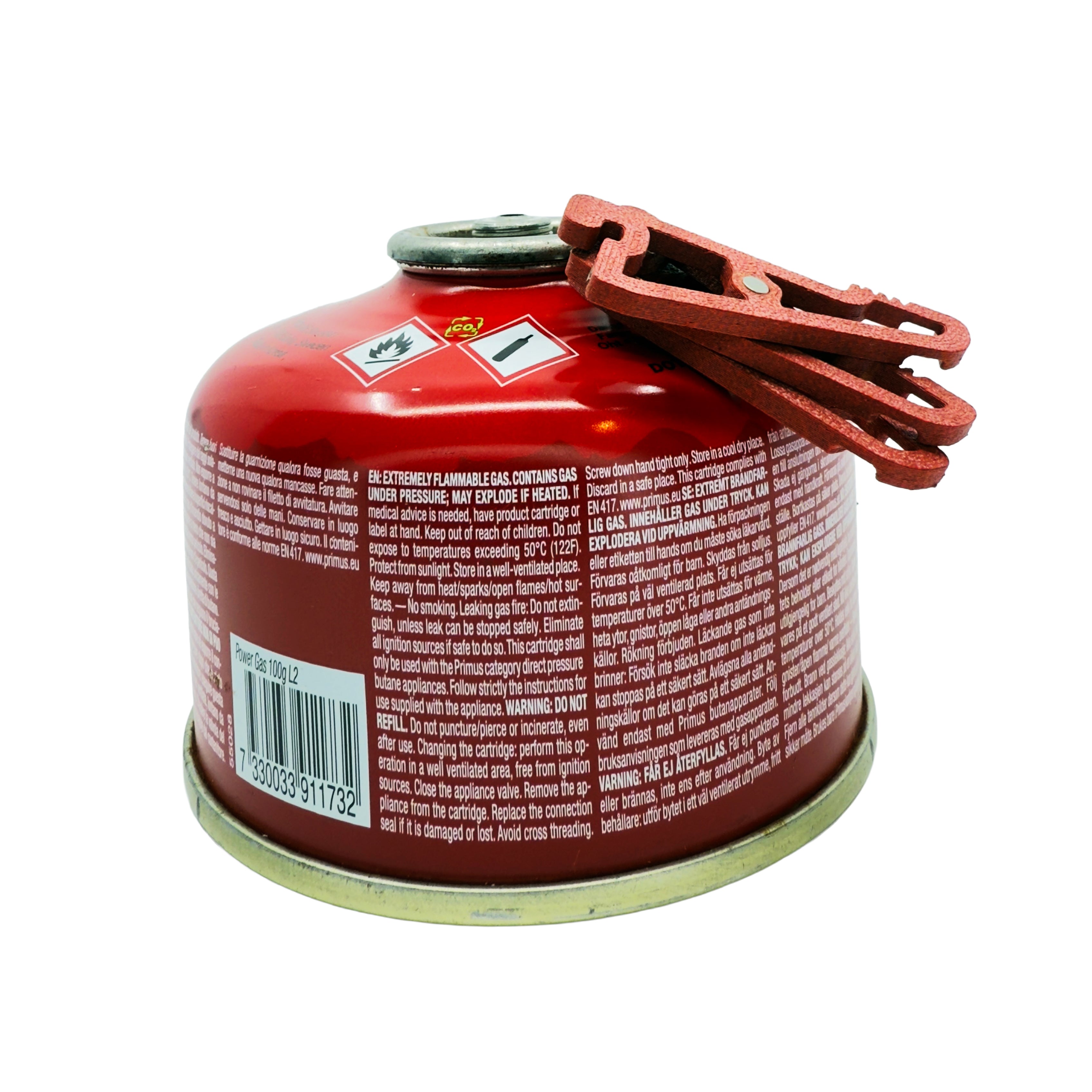 Red MagFeets stored magnetically on the side of a gas canister