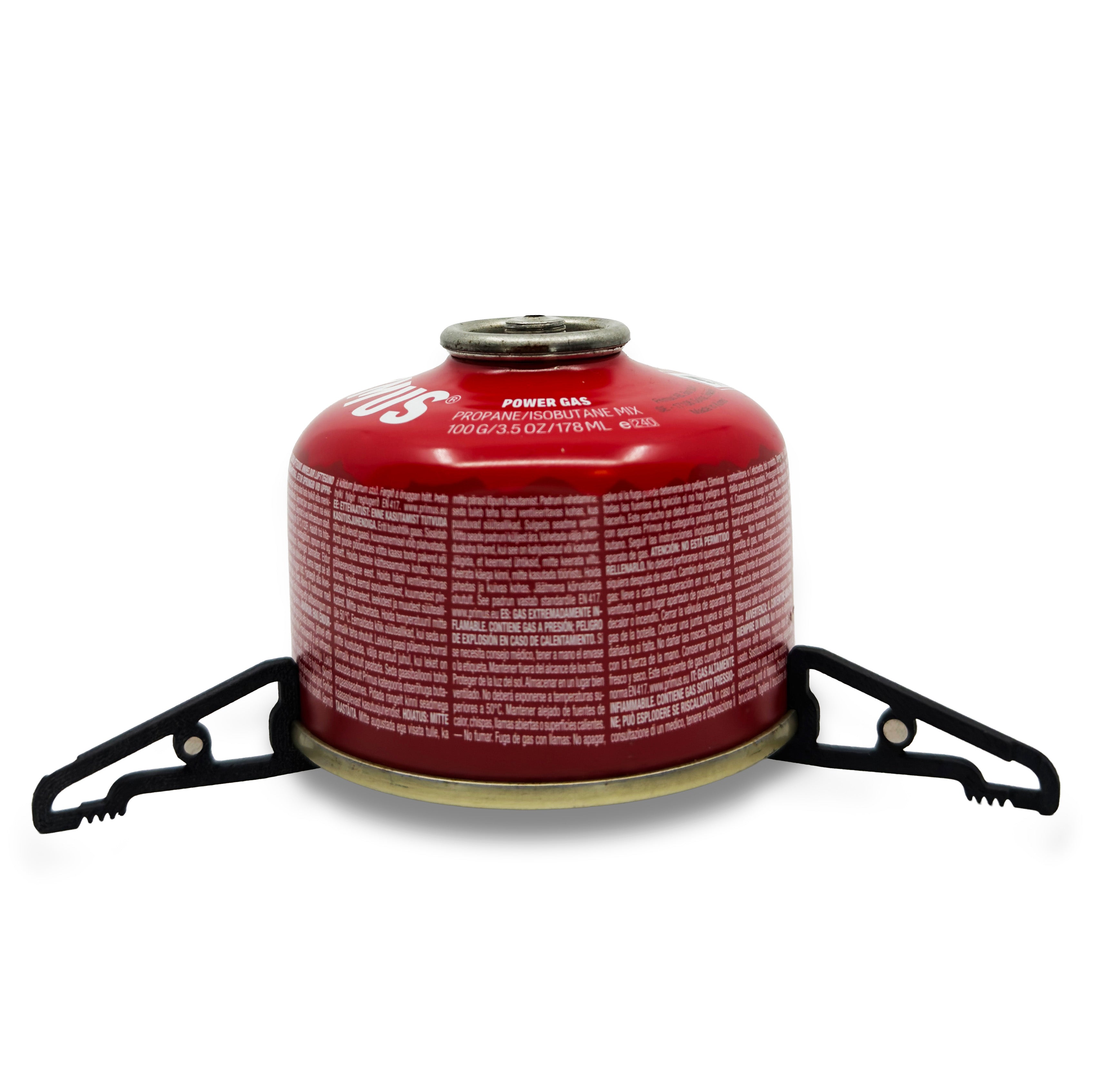 Black MagFeets attached to a small backpacking gas canister